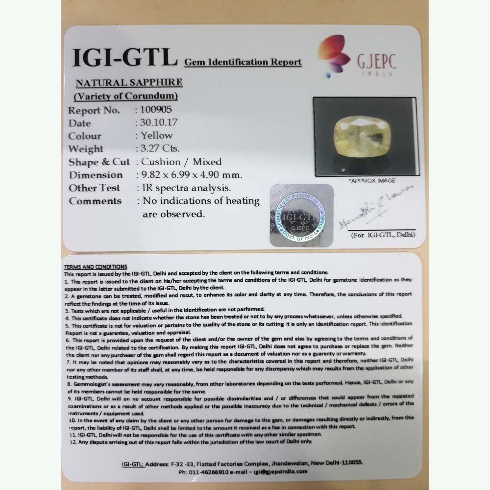 3.63 Ratti  Natural yellow sapphire with Govt Lab Certificate-(12210)