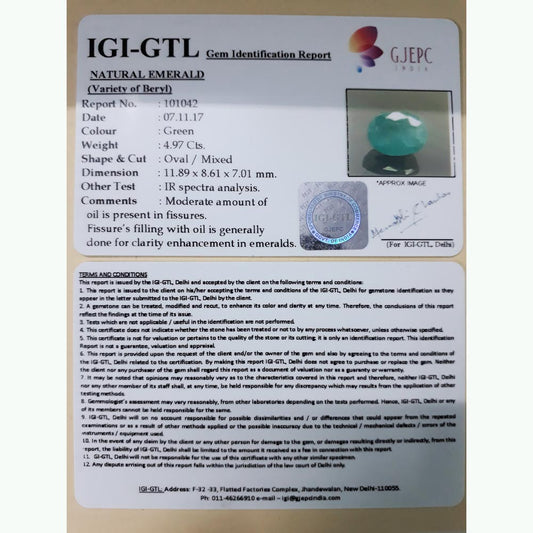 4.97/CT Natural Panna Stone with Govt. Lab Certificate (12210)