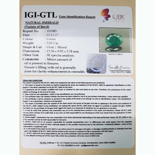 3.53/CT Natural Emerald Stone with Govt. Lab Certificate  (12210)