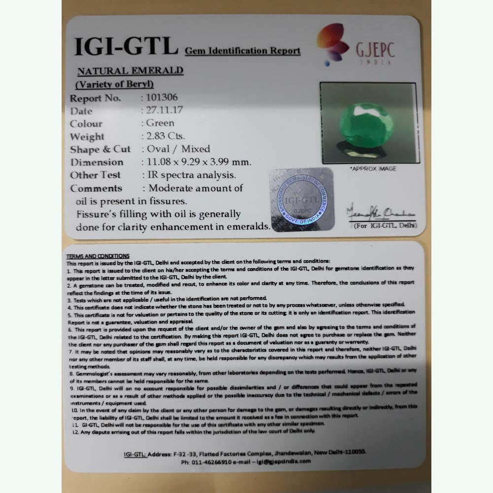 2.83/CT Natural Emerald Stone with Govt. Lab Certificate  (12210)