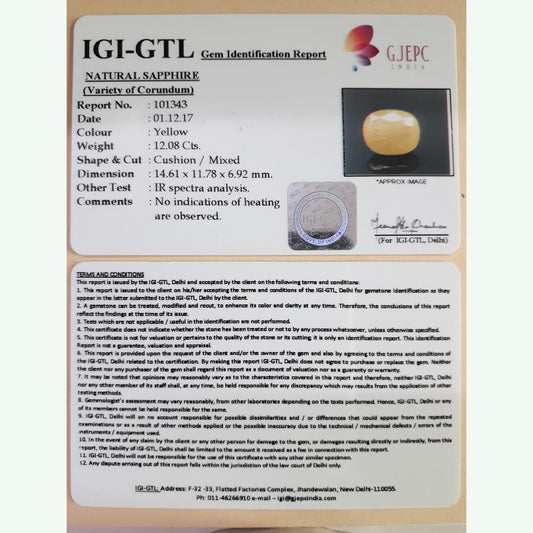 13.42 Ratti  Natural yellow sapphire with Govt Lab Certificate-(4551)