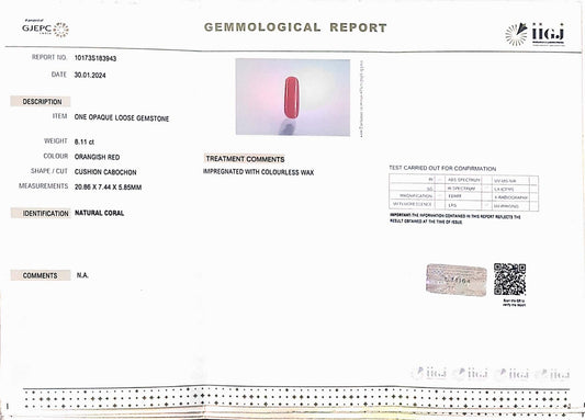 8.11/Carat Natural Cylindrical Red Coral (1800)