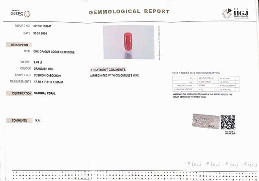 9.49/Carat Natural Cylindrical Red Coral (1800)