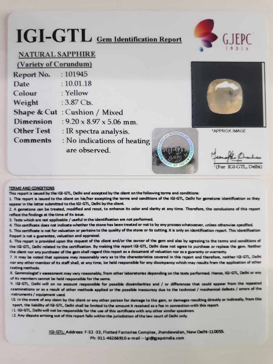 3.87/CT Natural Yellow Sapphire with Govt Lab Certificate-(6771)