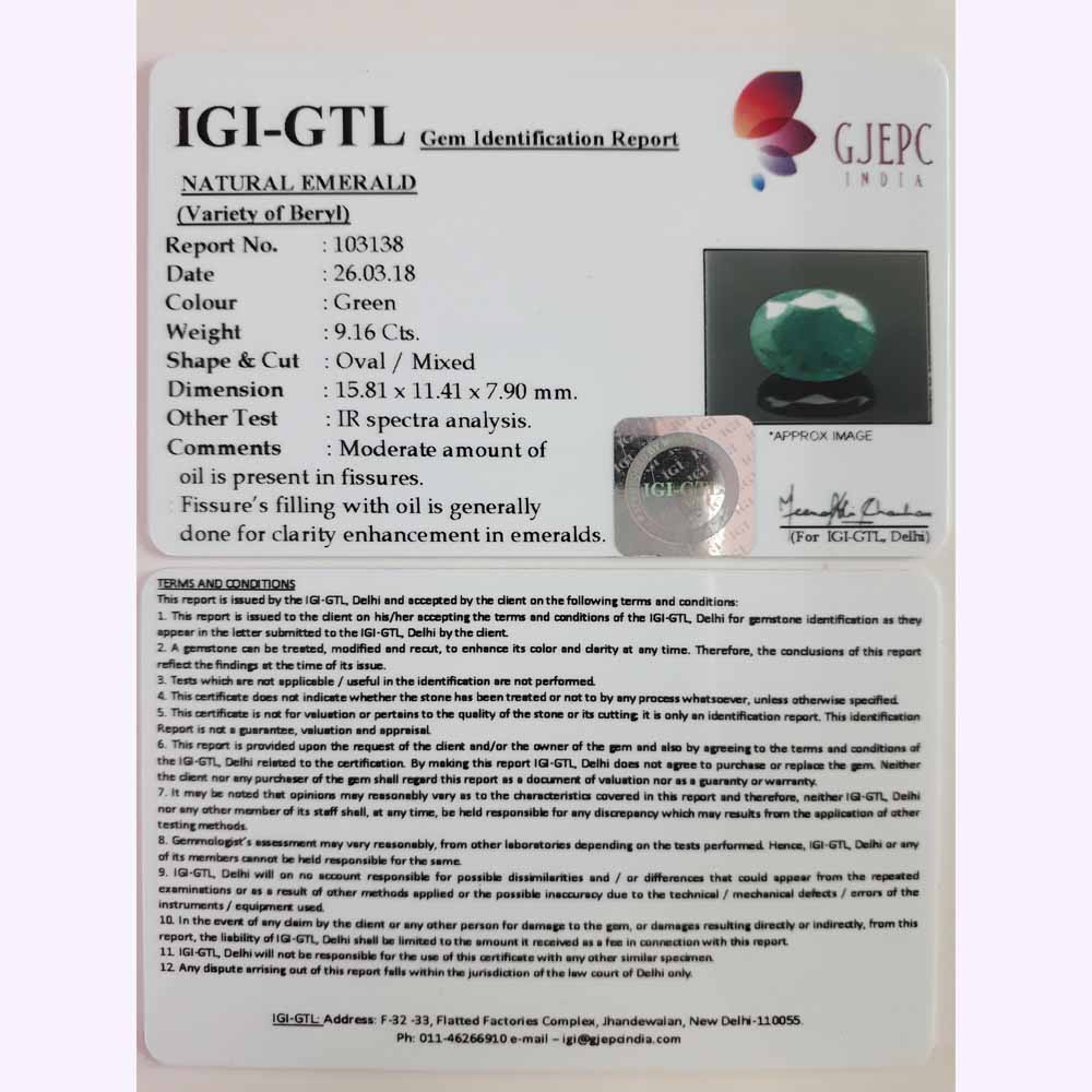 9.16/CT Natural Emerald Stone with Govt. Lab Certificate (12210)