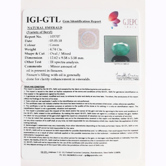 4.74/CT Natural Emerald with Govt Lab Certificate  (12210)