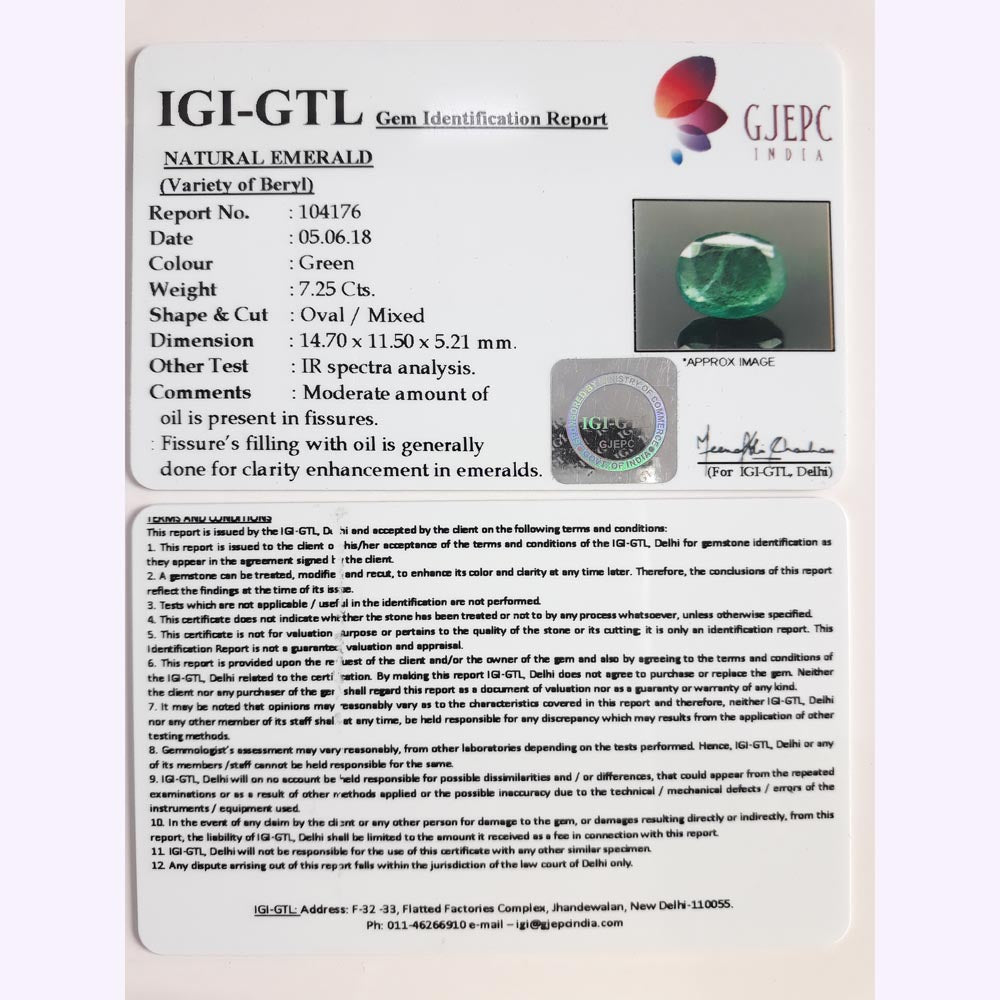 7.25/CT Natural Emerald Stone with Govt. Lab Certificate (12210)