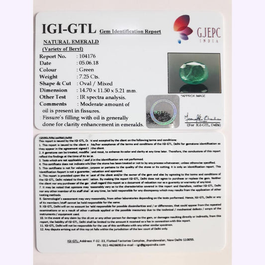 7.25/CT Natural Emerald Stone with Govt. Lab Certificate (12210)