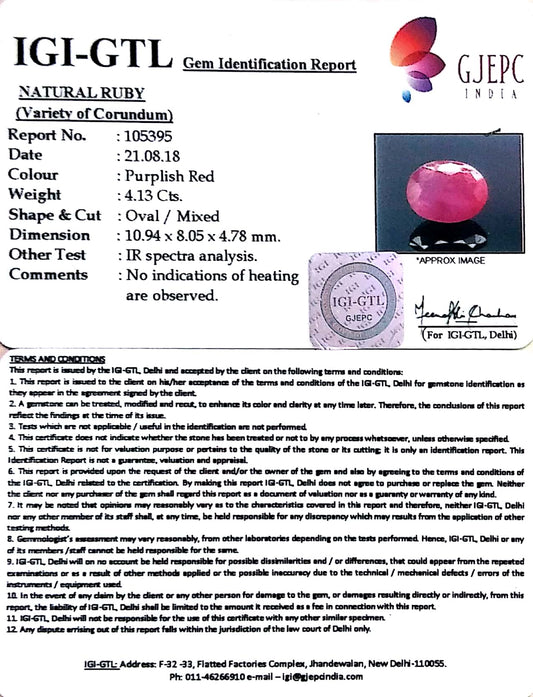 4.59 Ratti Natural New Burma Ruby with Govt. Lab Certificate