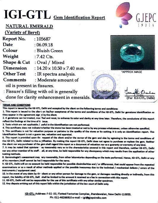 7.42/CT Natural Colombian Panna Stone With Govt. Lab Certificate  (12210)