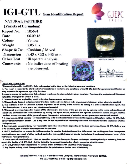 2.85/CT Natural yellow sapphire with Govt Lab Certificate-YELSA9U