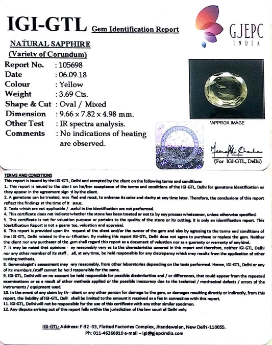 3.69/CT Natural yellow sapphire with Govt Lab Certificate-YELSA9U