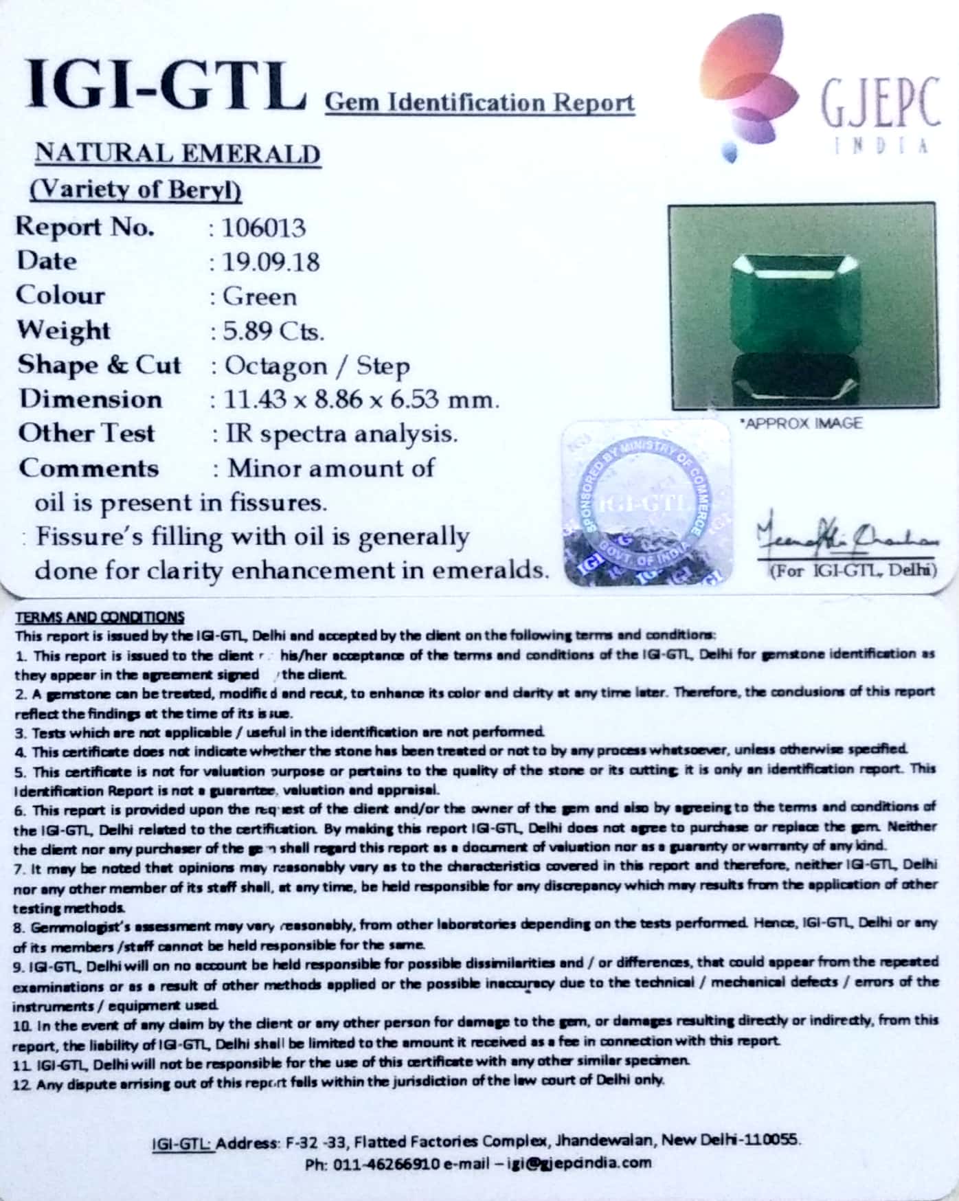 6.54 Ratti Natural Panna Stone with Govt Lab Certificate  (56610)