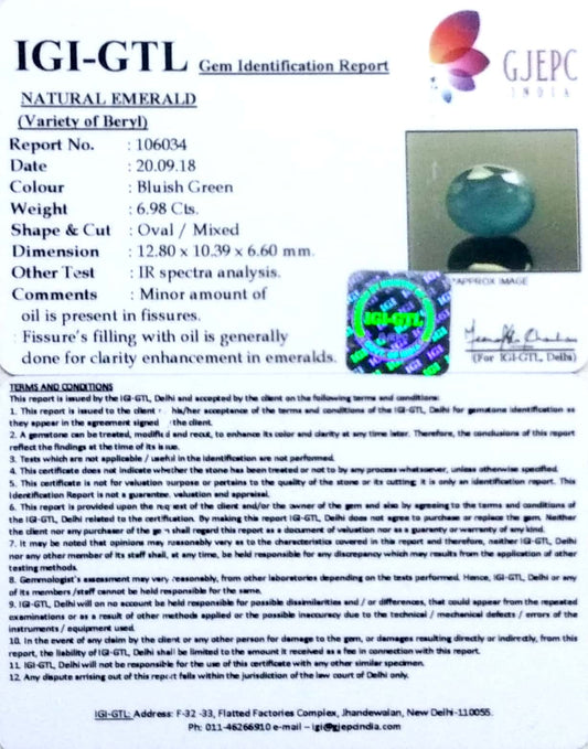 6.98/CT Natural Zambian Emerald Stone with Govt. Lab Certificate  (12210)