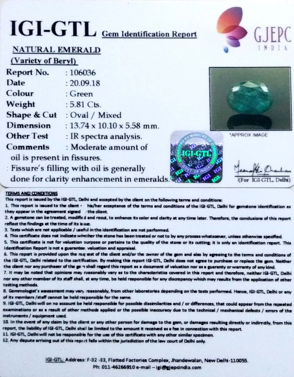 5.81/CT Natural Panna Stone with Govt. Lab Certificate  (16650)