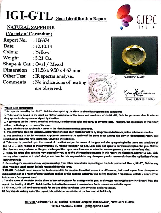 5.79 Ratti Natural Yellow Sapphire With Govt Lab Certificate-(12210)