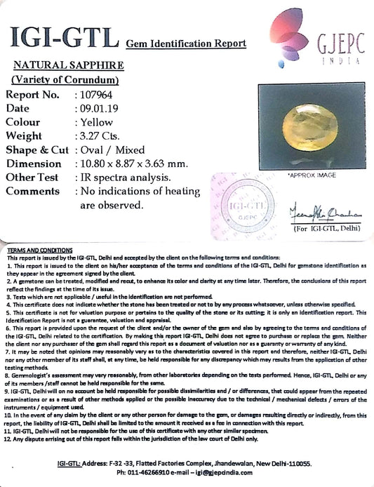 3.63 Ratti  Natural yellow sapphire with Govt Lab Certificate-(4551)