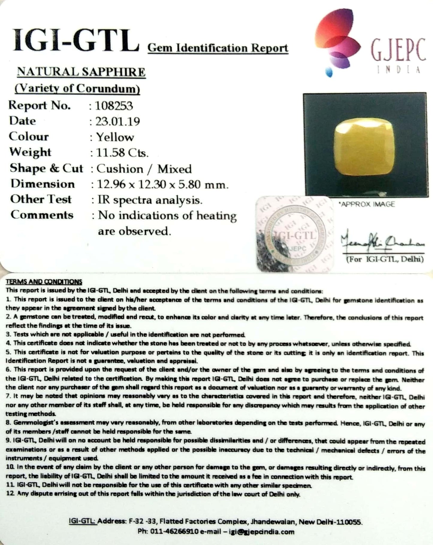 12.87 Ratti Natural Yellow Sapphire with Govt Lab Certificate-(1221)