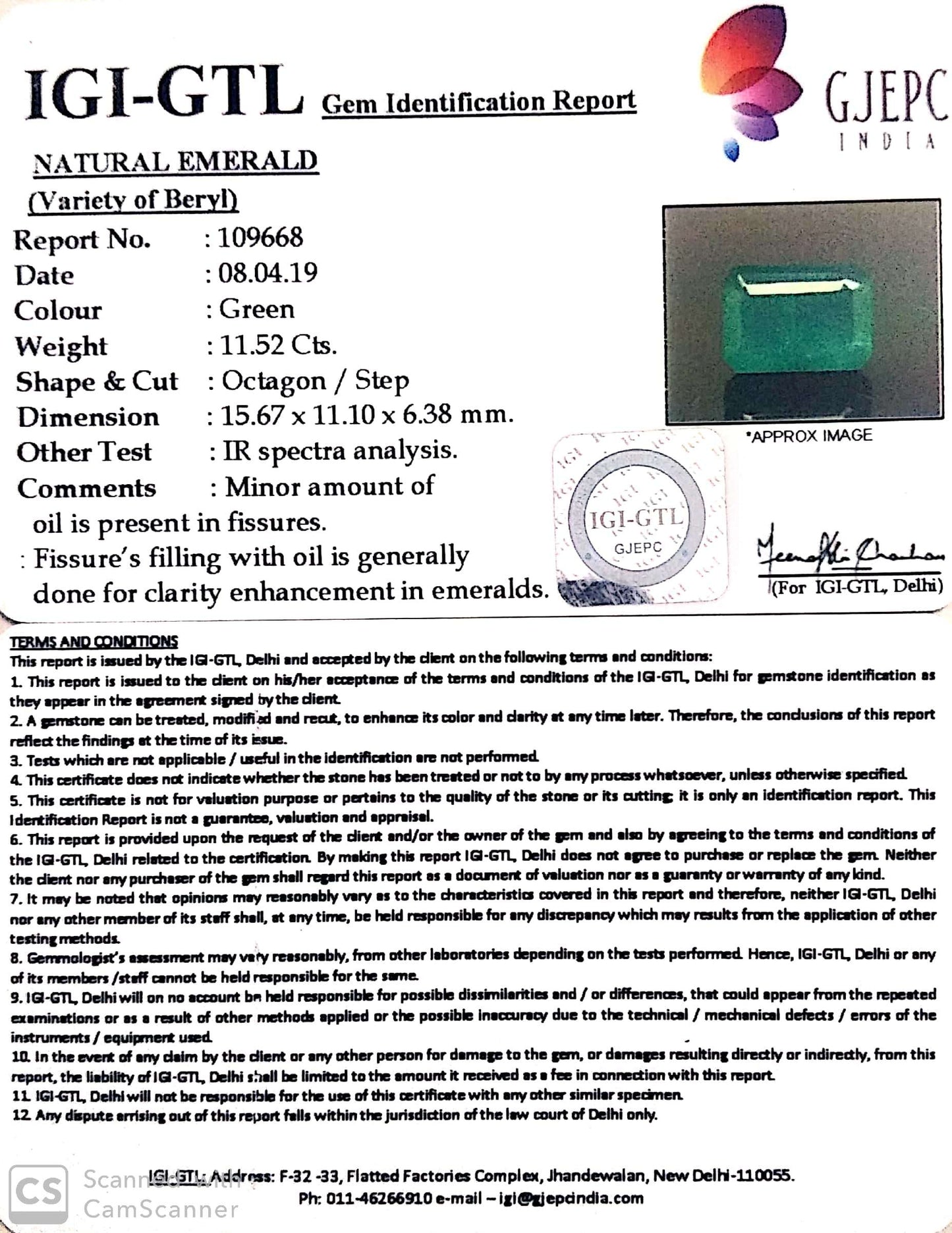 11.52/CT Natural Emerald with Govt Lab Certificate (8991)