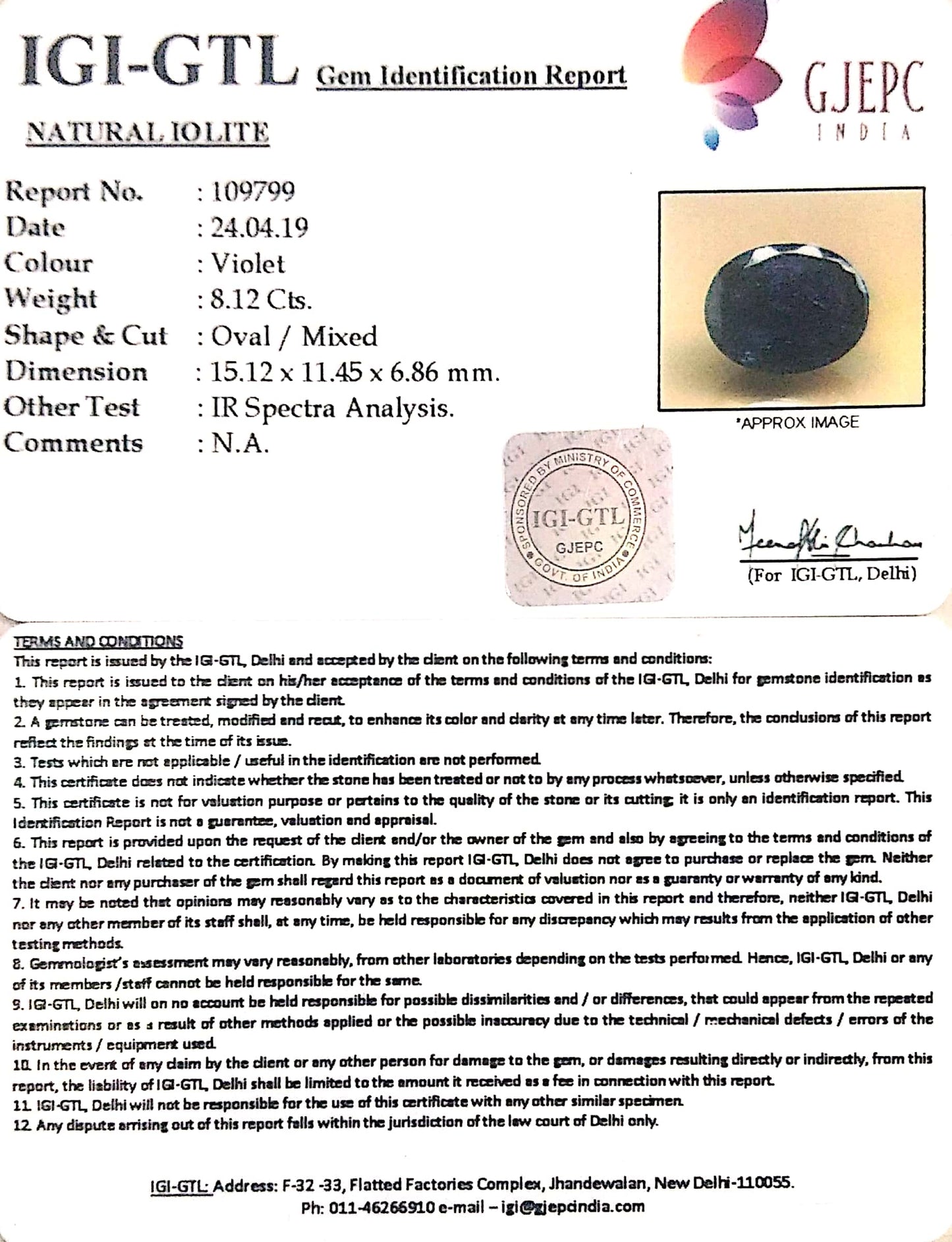 9.02 Ratti Natural Iolite With Govt. Lab Certificate-(1221)