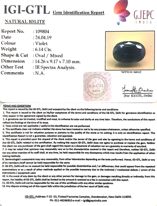 6.82 Ratti Natural Iolite With Govt. Lab Certificate-(610)