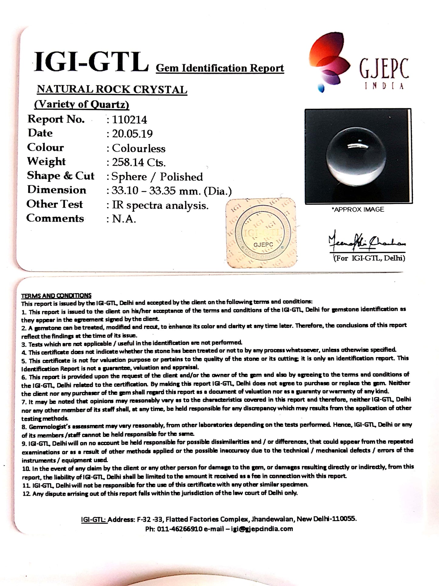 Natural Rock Crystal With Govt. Lab Certificate.