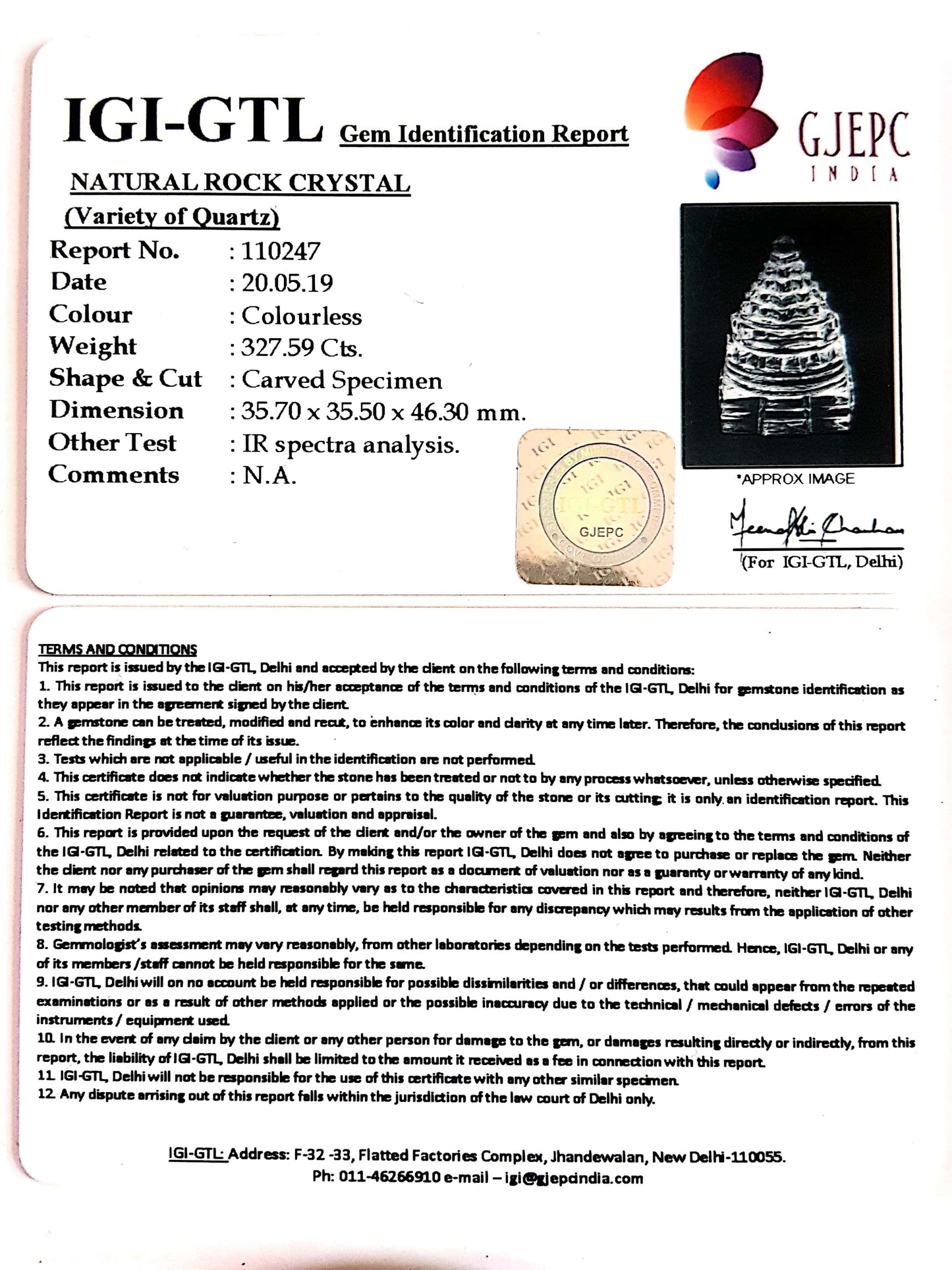 Natural Rock Crystal With Govt. Lab Certificate