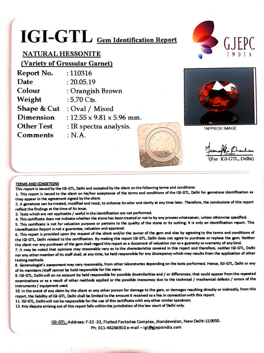 6.33 Ratti  Natural Hessonite with Govt. Lab Certificate-(1221)