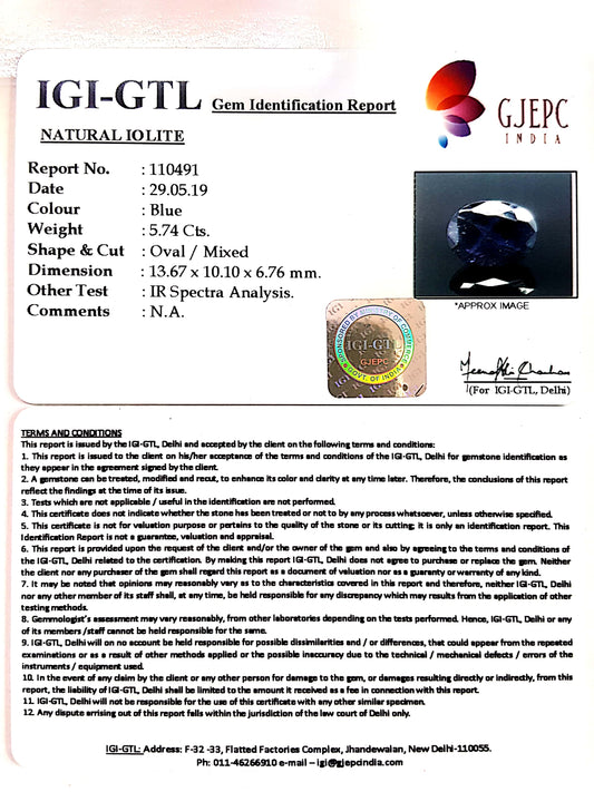 6.38 Ratti Natural Iolite With Govt. Lab Certificate-(1221)