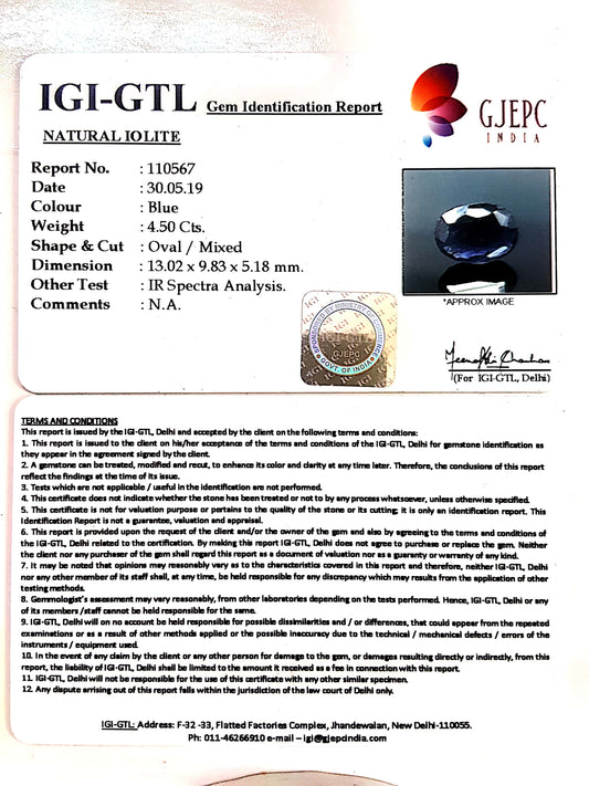 5.00 Ratti Natural Iolite With Govt. Lab Certificate-(1221)