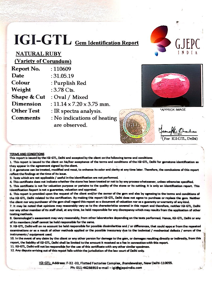 3.78/CT Natural Mozambique Ruby with Govt. Lab Certificate-BLUSA9V