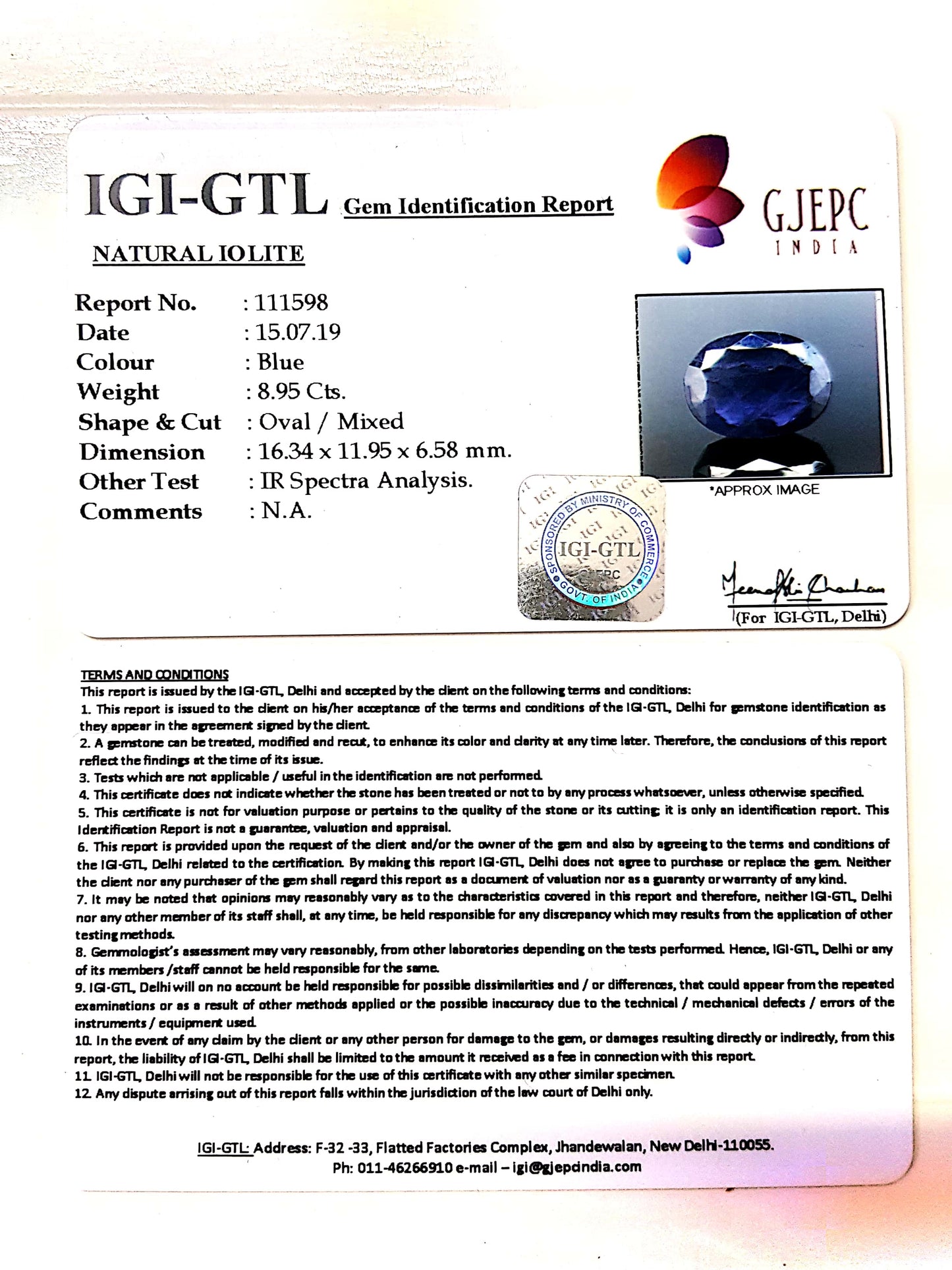 9.94 Ratti Natural Iolite With Govt. Lab Certificate-(1221)