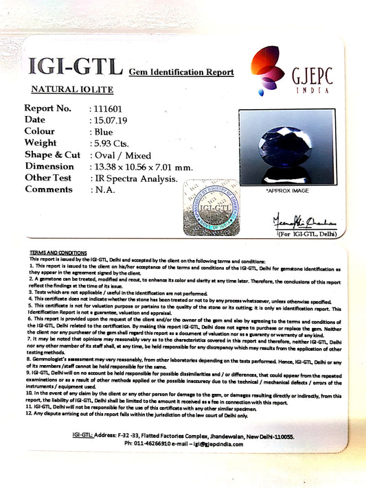 6.59 Ratti Natural Iolite With Govt. Lab Certificate-(1221)