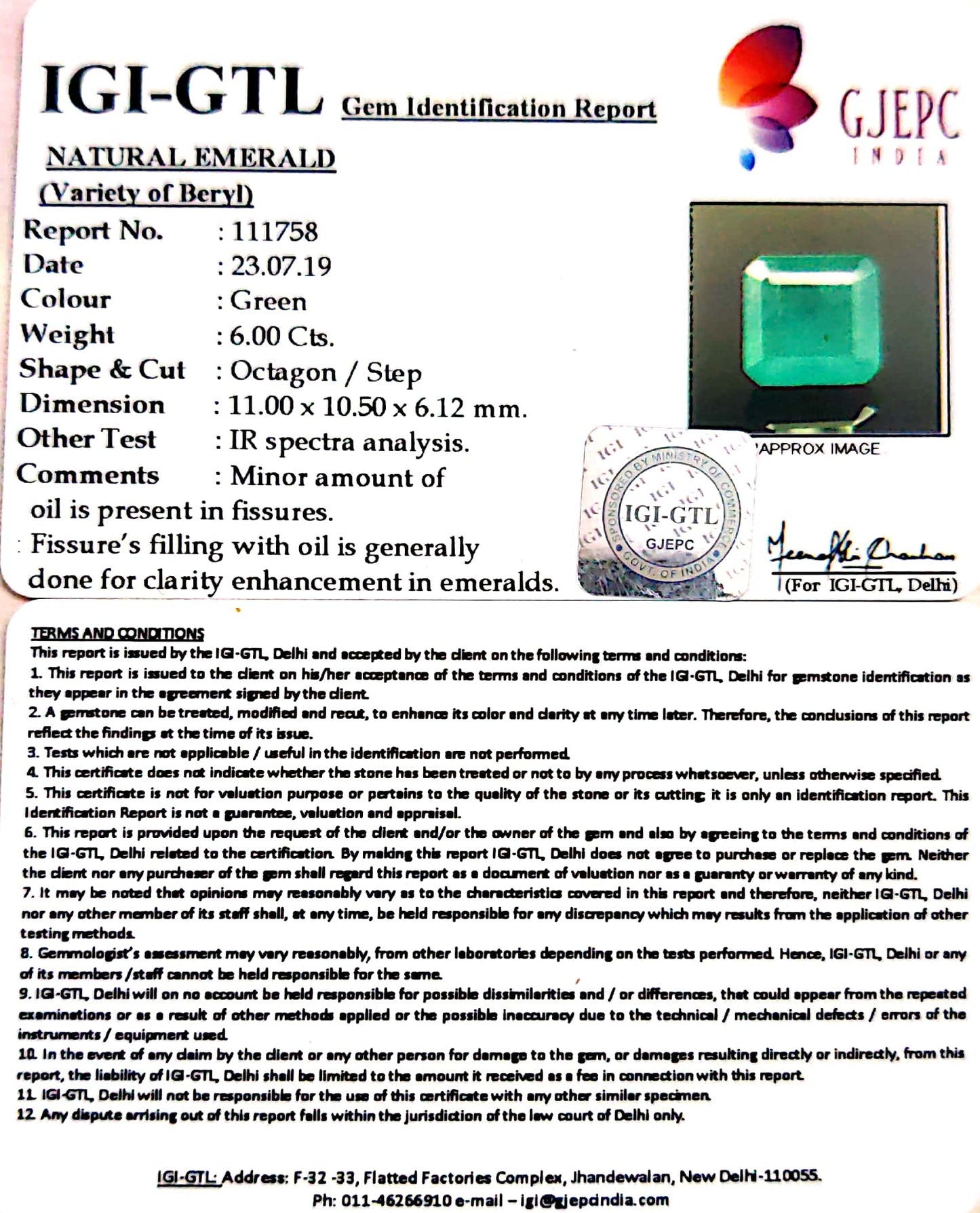 6.00/CT Natural Panna Stone with Govt. Lab Certificate (12210)