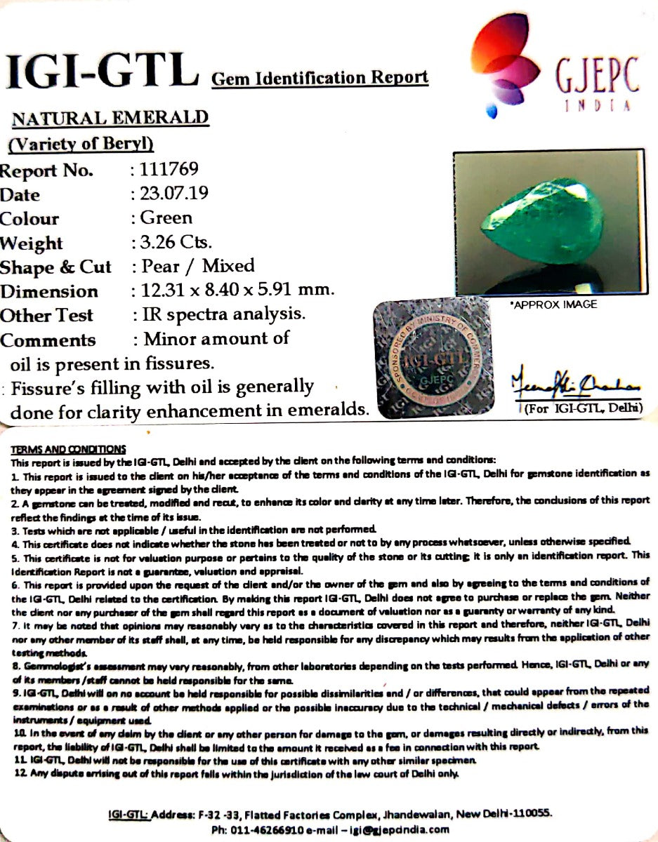 3.26/CT Natural Emerald Stone With Govt. Lab Certified (12210)