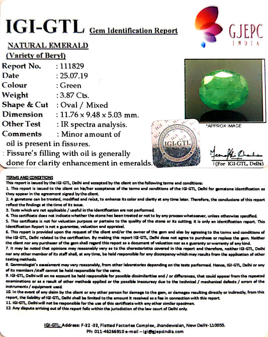 3.87/CT Natural Panna Stone with Govt. Lab Certificate (4551)