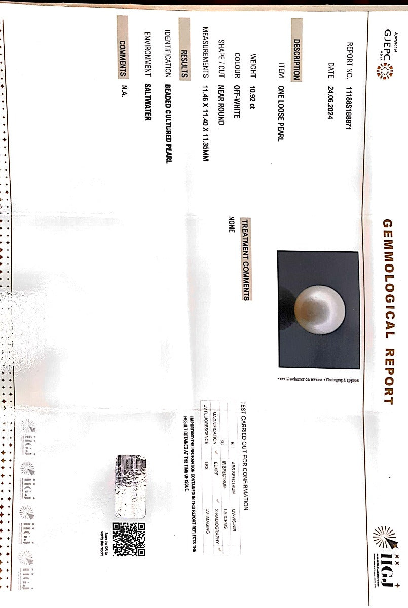 10.92/CT Natural South Sea Pearl with Govt. Lab Certificate (1550)