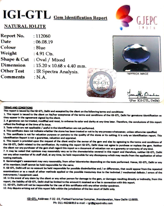 5.46 Ratti Natural Iolite With Govt. Lab Certificate-(1221)