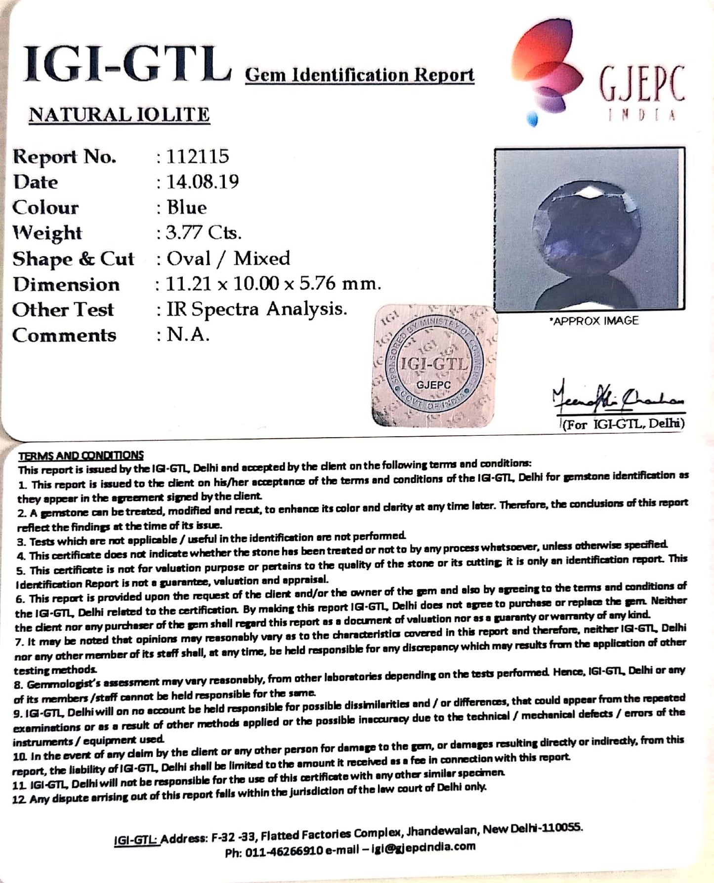 4.18 Ratti Natural Iolite With Govt. Lab Certificate-(1221)