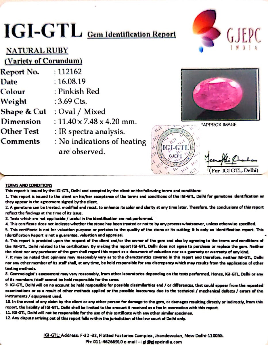 3.69/CT Natural Mozambique Ruby with Govt. Lab Certificate-BLUSA9V