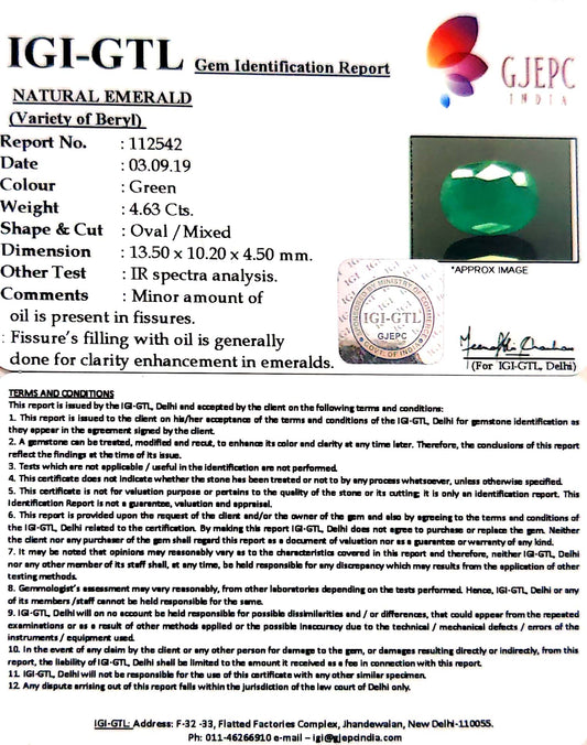 4.63/CT Natural Panna Stone with Govt. Lab Certificate (12210)