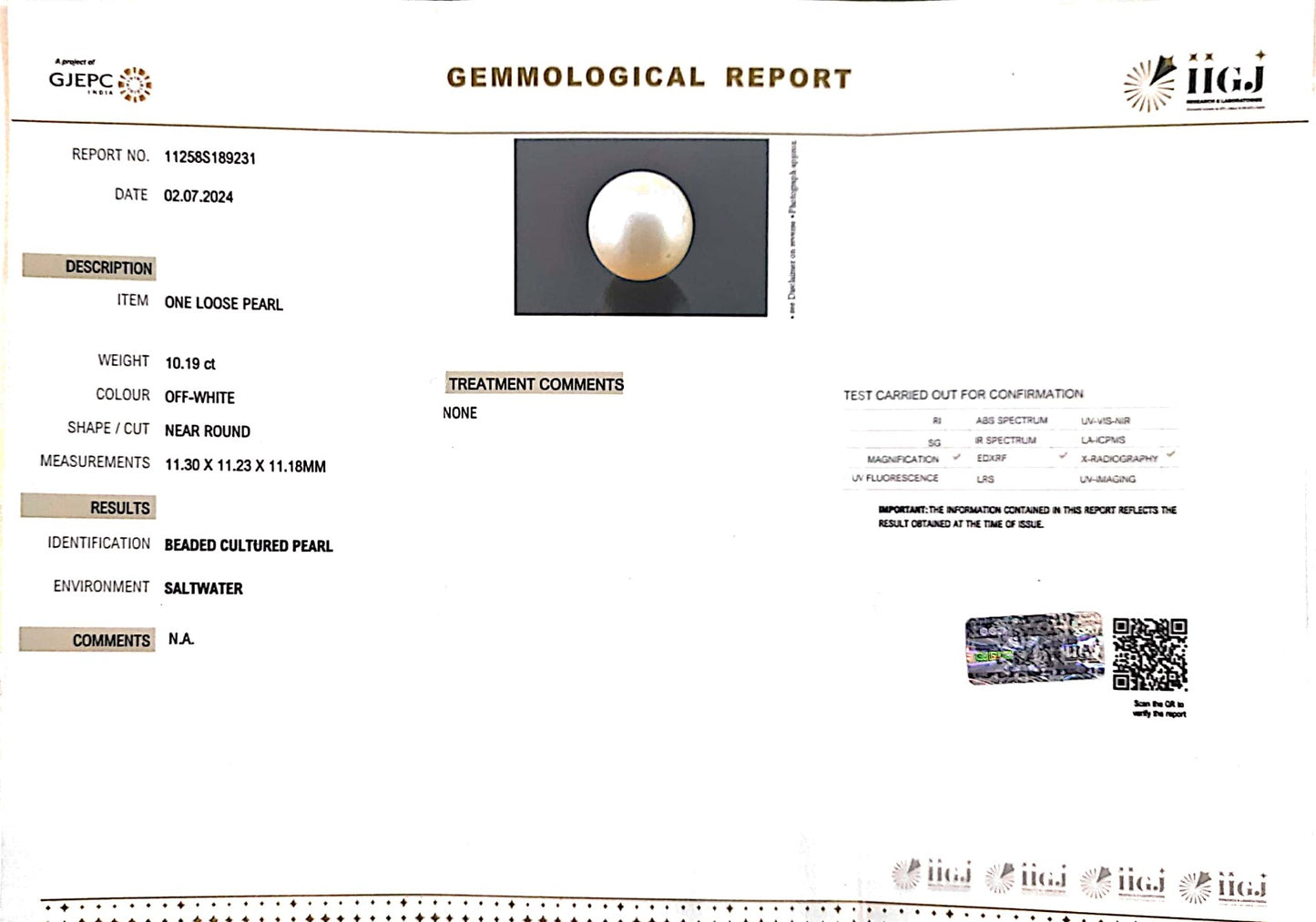 10.19/CT Natural South Sea Pearl with Govt. Lab Certificate (1550)