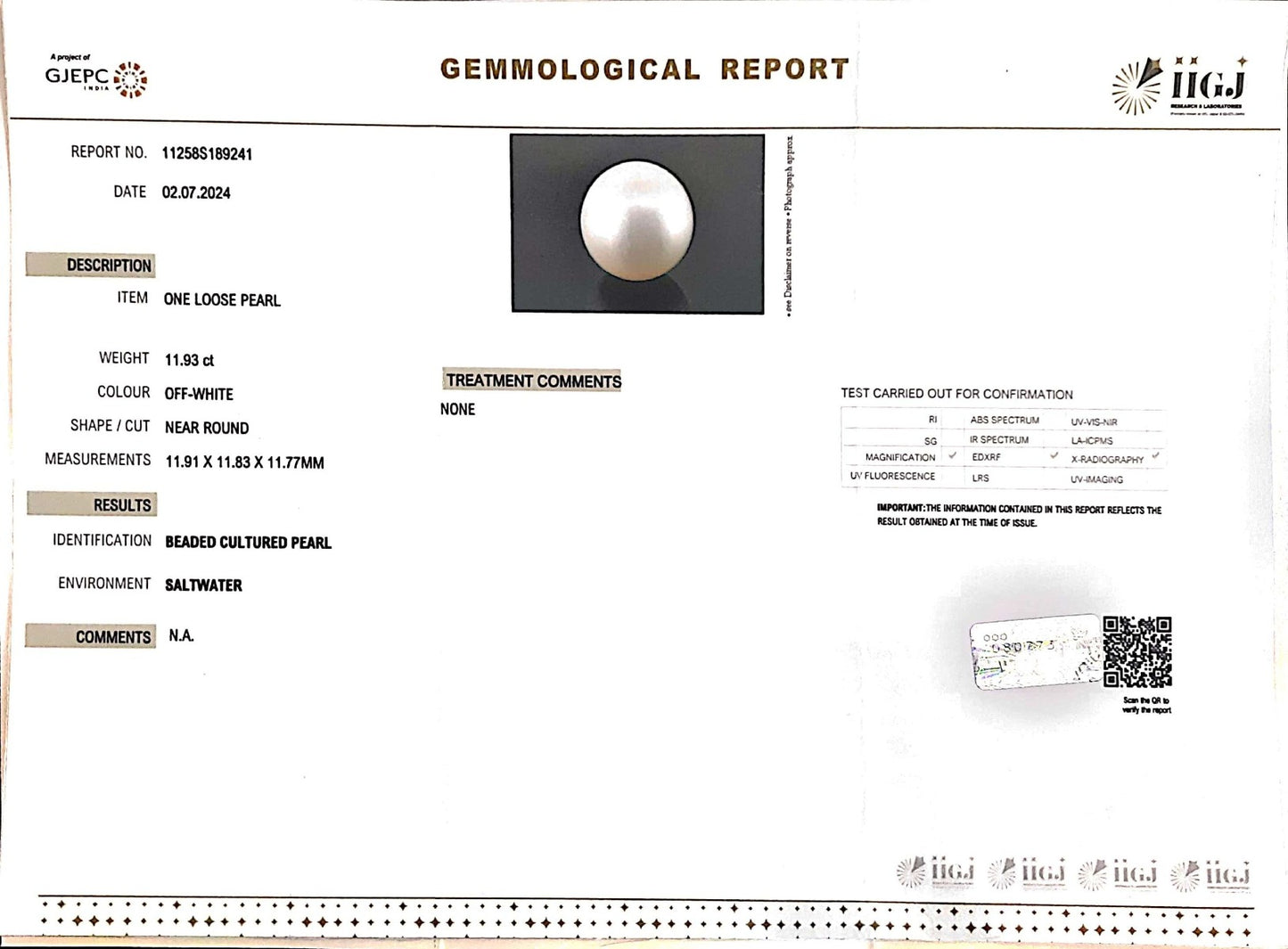 11.93/CT Natural South Sea Pearl with Govt. Lab Certificate (1550)