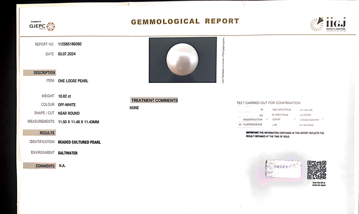 10.82/CT Natural South Sea Pearl with Govt. Lab Certificate (1550)