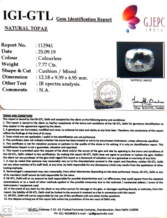 8.63 Ratti Natural White Topaz  with Govt Lab Certificate - (1665)