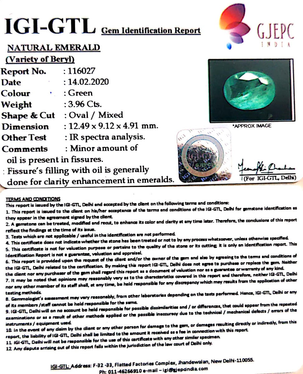 3.96/CT Natural Emerald Stone With Govt. Lab Certified (12210)