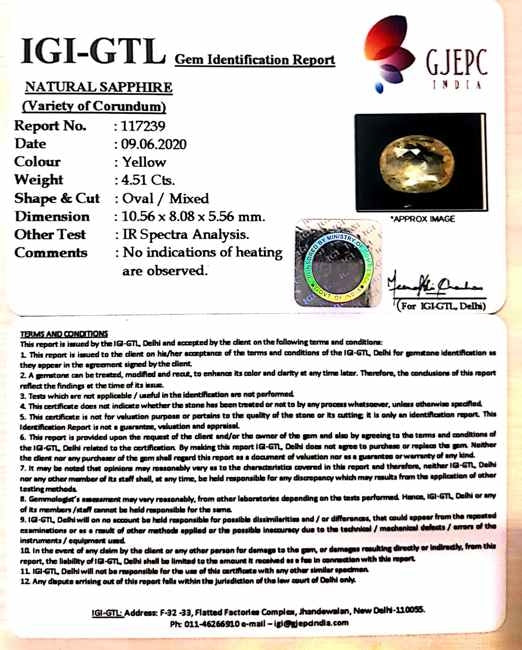 4.51/CT Natural Yellow sapphire Stone with Govt Lab Certificate-(YELSA9W)