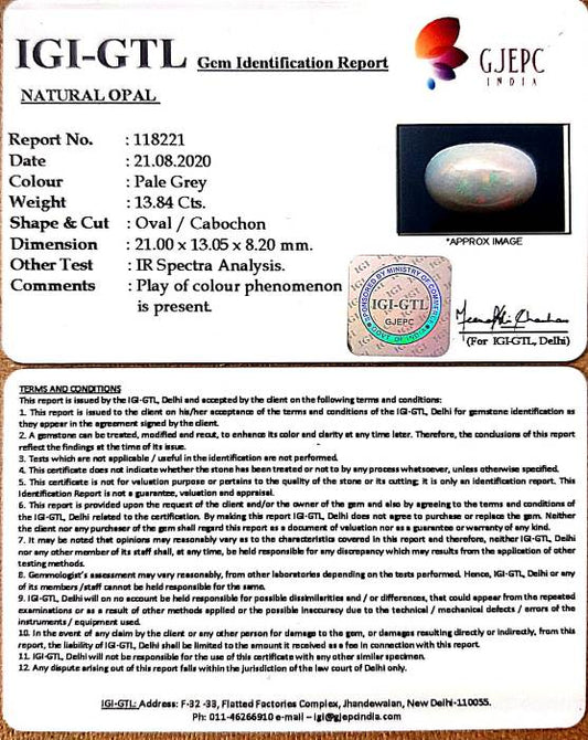 13.84/CT Natural Fire Opal with Govt. Lab Certificate (3441)