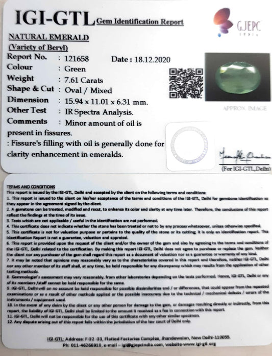 7.61/CT Natural Panna Stone with Govt. Lab Certified-(8991)