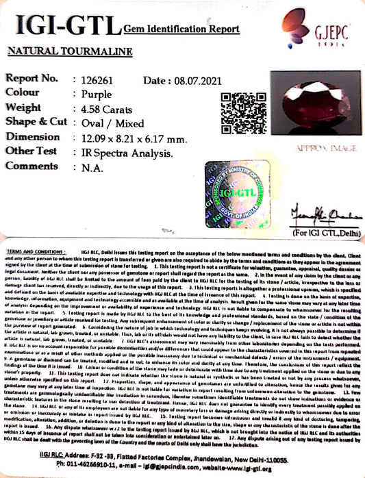 4.57/CT Natural Tourmaline with Govt. Lab Certificate (3441)